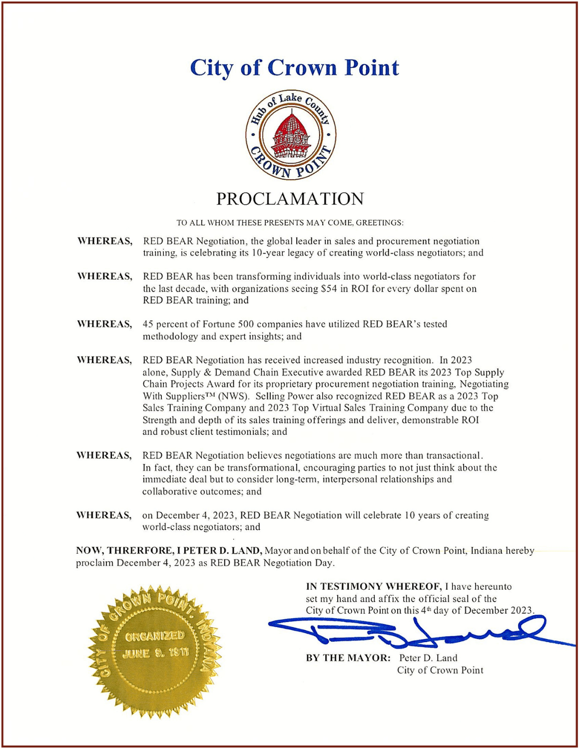 RED BEAR Day Proclamation Letter